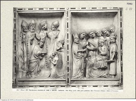 Vorderseite von Alinari [https://www.deutsche-digitale-bibliothek.de/content/lizenzen/rv-ez/] Hauptaltar und Schrein des heiligen DonatusRetabel und Schrein des heiligen DonatusDritte Bildfeld: die Verkündigung der Geburt Marias an Joachim; Donatus exorziert Antilia und Donatus entlässt einen Toten - Donatus exorziert Antilia und Donatus entlastet einen Toten von einer falschen Anschuldigung, bh394093_recto. Foto.