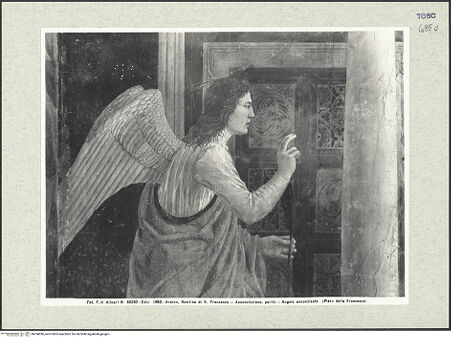 Vorderseite von Alinari [https://www.deutsche-digitale-bibliothek.de/content/lizenzen/rv-ez/] Die Kreuzlegende, Propheten und HeiligenStirnwandVerkündigung - Detail: Verkündigungsengel, bh394096_recto. Foto.