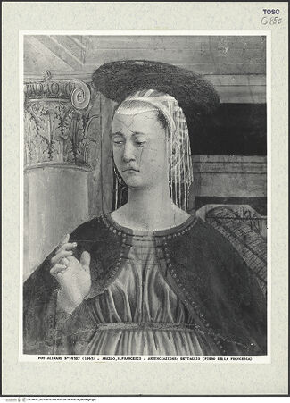 Vorderseite von Alinari [https://www.deutsche-digitale-bibliothek.de/content/lizenzen/rv-ez/] Die Kreuzlegende, Propheten und HeiligenStirnwandVerkündigung - Detail: Maria, bh394097_recto. Foto.