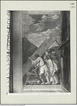 Vorderseite von Alinari [https://www.deutsche-digitale-bibliothek.de/content/lizenzen/rv-ez/] Die Kreuzlegende, Propheten und HeiligenStirnwandTransport des Holzes - Gesamtansicht, bh394098_recto. Foto.