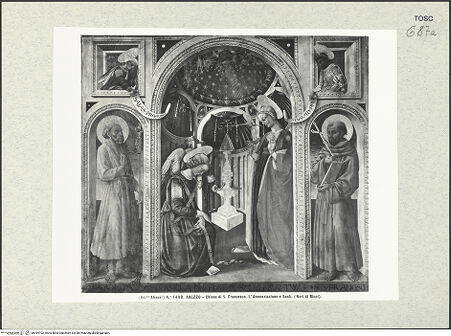 Vorderseite von Alinari [https://www.deutsche-digitale-bibliothek.de/content/lizenzen/rv-ez/] Verkündigung an Maria mit den heiligen Hieronymus und Franziskus und den Propheten Jesajas und David - Gesamtansicht, bh394102_recto. Foto.