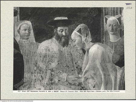 Vorderseite von Alinari [https://www.deutsche-digitale-bibliothek.de/content/lizenzen/rv-ez/] Die Kreuzlegende, Propheten und HeiligenRechte WandDie Königin von Saba und das Kreuzesholz - Salomo und die Königin von Saba, Detail, bh394136_recto. Foto.