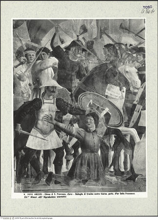 Vorderseite von Alinari [https://www.deutsche-digitale-bibliothek.de/content/lizenzen/rv-ez/] Die Kreuzlegende, Propheten und HeiligenLinke WandDer Sieg Heraclius über Chosroes - Der Kampf, Detail (linke Seite), bh394139_recto. Foto.