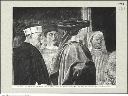 Vorderseite von Alinari [https://www.deutsche-digitale-bibliothek.de/content/lizenzen/rv-ez/] Die Kreuzlegende, Propheten und HeiligenRechte WandDie Königin von Saba und das Kreuzesholz - Salomo und die Königin von Saba, Detail, bh394170_recto. Foto.