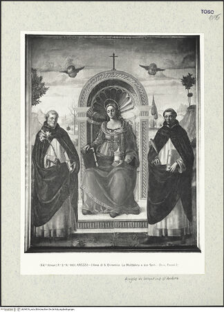 Vorderseite von Alinari [https://www.deutsche-digitale-bibliothek.de/content/lizenzen/rv-ez/] Die heilige Maria Magdalena zwischen den Heiligen Domenikus und Thomas von Aquino - Gesamtansicht, bh394316_recto. Foto.