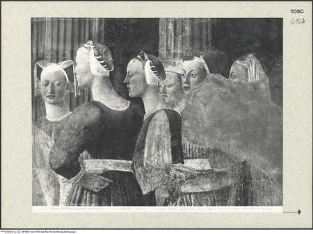 Vorderseite von Alinari [https://www.deutsche-digitale-bibliothek.de/content/lizenzen/rv-ez/] Die Kreuzlegende, Propheten und HeiligenRechte WandDie Königin von Saba und das Kreuzesholz - Salomo und die Königin von Saba, Detail, bh394447_recto. Foto.