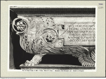 Vorderseite von Alinari [https://www.deutsche-digitale-bibliothek.de/content/lizenzen/rv-ez/] Grabmal des Carlo Marsuppini - Detail: Sarkophag, linker Teil: Ornamente, Inschrift (unvollständig), bh395124_recto. Foto.