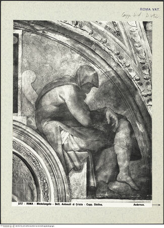 Vorderseite von Alinari [https://www.deutsche-digitale-bibliothek.de/content/lizenzen/rv-fz/] Die Sixtinische DeckeDie Vorfahren ChristiEzechias, Manasses und Amon - Detail, rechte Lünettenhälfte, bh395720_recto. Foto.