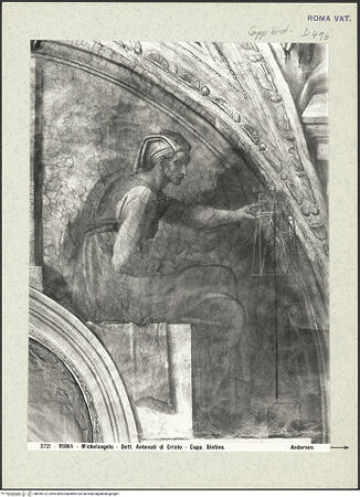 Vorderseite von Alinari [https://www.deutsche-digitale-bibliothek.de/content/lizenzen/rv-fz/] Die Sixtinische DeckeDie Vorfahren ChristiJesse, David und Salomon - Detail, rechte Lünettenhälfte, bh395722_recto. Foto.