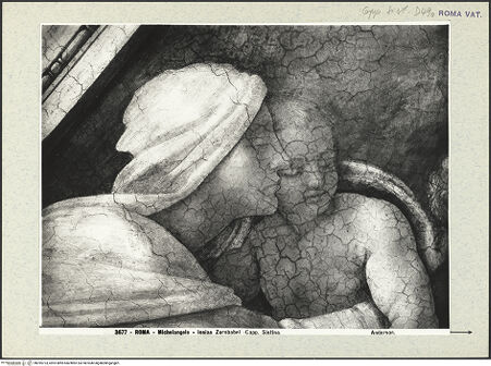 Vorderseite von Alinari [https://www.deutsche-digitale-bibliothek.de/content/lizenzen/rv-fz/] Die Sixtinische DeckeDie Vorfahren ChristiJosias, Jechoniam, Salatiel - Stichkappe über der Lünette, Ausschnitt, bh395723_recto. Foto.