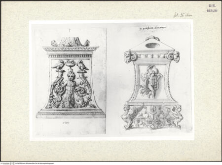 Vorderseite von Staatliche Museen zu Berlin - Preußischer Kulturbesitz [https://www.deutsche-digitale-bibliothek.de/content/lizenzen/rv-ez/] Codex OZ 114Oben: zwei Sockel von Kandelabern (Putten) - , bh396358_recto. Foto.