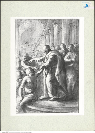 Vorderseite von Albertina [https://www.deutsche-digitale-bibliothek.de/content/lizenzen/rv-ez/] Petrus heilt den Lahmen an der Goldenen Pforte - , bh398826_recto. Foto.