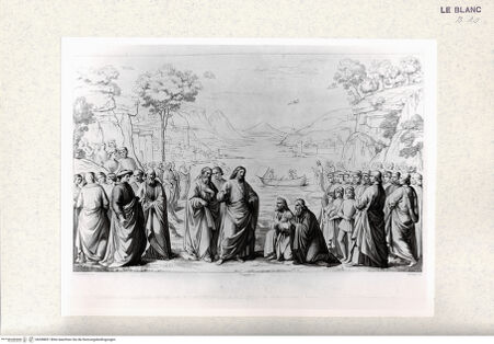 Vorderseite von Istituto Nazionale per la Grafica [http://creativecommons.org/publicdomain/mark/1.0/] Die Berufung der Apostel Petrus und Andreas (aus einer Serie von 12 Blatt verschiedener Stecher nach den Wandfresken der Cappella Sistina, Rom) - , bh398851. Foto.