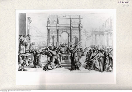 Vorderseite von Istituto Nazionale per la Grafica [http://creativecommons.org/publicdomain/mark/1.0/] Der Aufruhr und die Bestrafung von Korach und Abiram (aus der Serie verschiedener Stecher nach den Wandfresken der Cappella Sistina, Rom) - , bh399010. Foto.