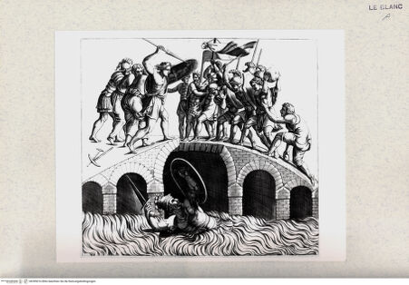 Vorderseite von Istituto Nazionale per la Grafica [http://creativecommons.org/publicdomain/mark/1.0/] Horatius Cocles schlägt die Etrusker Porsennas auf dem Ponte Sublicio, welcher auf seinen Befehl hin in der Mitte zerstört wird - , bh399016. Foto.