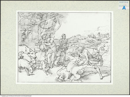 Vorderseite von Albertina [https://www.deutsche-digitale-bibliothek.de/content/lizenzen/rv-ez/] Moses verteidigt die Töchter des Priesters von Midia - , bh399486_recto. Foto.