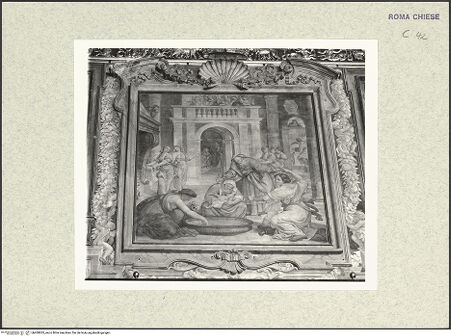 Vorderseite von Sopr. BAS ROMA [https://www.deutsche-digitale-bibliothek.de/content/lizenzen/rv-ez/] Zyklus von Szenen aus dem Marienlebenrechte Wand: Geburt Mariae - , bh400835_recto. Foto.