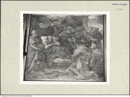 Vorderseite von Sopr. BAS ROMA [https://www.deutsche-digitale-bibliothek.de/content/lizenzen/rv-ez/] Zyklus von Szenen aus dem Marienlebenlinke Wand: Tod Mariae - , bh400846_recto. Foto.