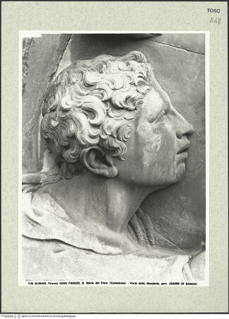Vorderseite von Alinari [https://www.deutsche-digitale-bibliothek.de/content/lizenzen/rv-ez/] Porta della MandorlaHimmelfahrt Mariens und Gürtelspende - Detail: Kopf, Figur aus dem linken Zwickel, bh402270_recto. Foto.