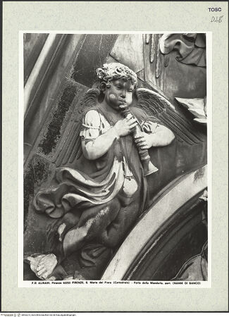 Vorderseite von Alinari [https://www.deutsche-digitale-bibliothek.de/content/lizenzen/rv-ez/] Porta della MandorlaHimmelfahrt Mariens und Gürtelspende - Detail: Linker Flöte blasender Engel, bh402272_recto. Foto.