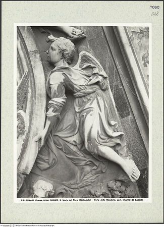Vorderseite von Alinari [https://www.deutsche-digitale-bibliothek.de/content/lizenzen/rv-ez/] Porta della MandorlaHimmelfahrt Mariens und Gürtelspende - Detail: Mandorla haltender Engel, Mitte rechts, bh402277_recto. Foto.