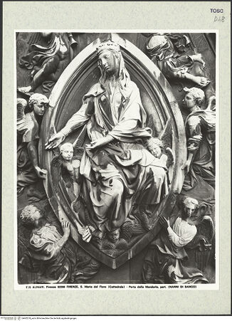 Vorderseite von Alinari [https://www.deutsche-digitale-bibliothek.de/content/lizenzen/rv-ez/] Porta della MandorlaHimmelfahrt Mariens und Gürtelspende - Detail: Maria in der Mandorla mit umliegenden Engeln, bh402278_recto. Foto.