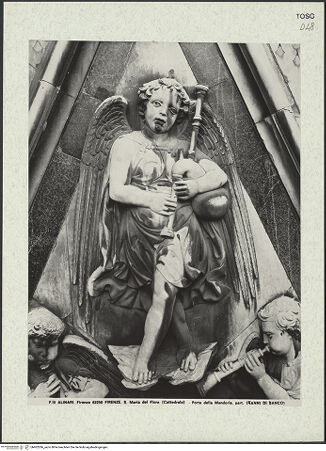 Vorderseite von Alinari [https://www.deutsche-digitale-bibliothek.de/content/lizenzen/rv-ez/] Porta della MandorlaHimmelfahrt Mariens und Gürtelspende - Detail: oberster Engel, bh402286_recto. Foto.