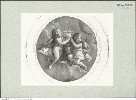 Vorderseite von Bibliotheca Hertziana [https://www.deutsche-digitale-bibliothek.de/content/lizenzen/rv-ez/] Kassettendecke mit BildfeldernZyklus von Putten - Zwei Putten mit Kelch und dem Herzemblem Filippo Neris, bh403110_recto. Foto.