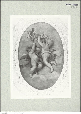 Vorderseite von Bibliotheca Hertziana [https://www.deutsche-digitale-bibliothek.de/content/lizenzen/rv-ez/] Kassettendecke mit BildfeldernZyklus von Putten - Zwei Putten mit Lilien und dem Wappenstern der Neri, bh403116_recto. Foto.