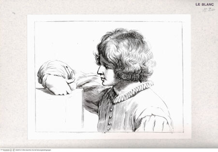 Vorderseite von Istituto Nazionale per la Grafica-Calcografia [http://creativecommons.org/publicdomain/mark/1.0/] Stichfolge nach Guercinos "Esemplari per il disegno"Halbfigur eines Jünglings, nach rechts gewandt - , bh405141. Foto.