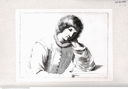 Vorderseite von Istituto Nazionale per la Grafica-Calcografia [http://creativecommons.org/publicdomain/mark/1.0/] Stichfolge nach Guercinos "Esemplari per il disegno"Halbfigur eines Jünglings mit auf die Hand gestütztem Kopf - , bh405146. Foto.