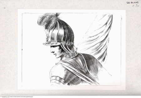 Vorderseite von Istituto Nazionale per la Grafica-Calcografia [http://creativecommons.org/publicdomain/mark/1.0/] Stichfolge nach Guercinos "Esemplari per il disegno"Halbfigur eines Kriegers mit Rüstung und Helm, rückwärtig und nach links gewandt - , bh405147. Foto.