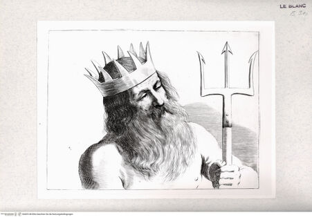 Vorderseite von Istituto Nazionale per la Grafica-Calcografia [http://creativecommons.org/publicdomain/mark/1.0/] Stichfolge nach Guercinos "Esemplari per il disegno"Halbfigur eines Neptuns mit Krone und Dreizack - , bh405148. Foto.