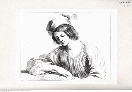 Vorderseite von Istituto Nazionale per la Grafica-Calcografia [http://creativecommons.org/publicdomain/mark/1.0/] Stichfolge nach Guercinos "Esemplari per il disegno"Halbfigur eines lesenden Jünglings mit Federhut - , bh405150. Foto.