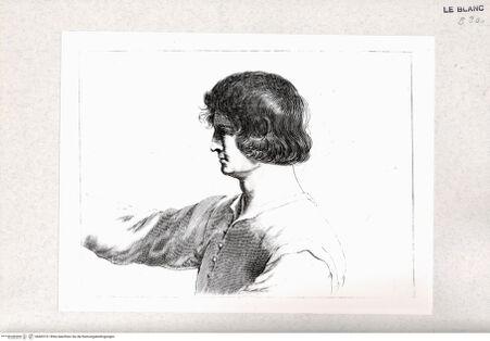 Vorderseite von Istituto Nazionale per la Grafica-Calcografia [http://creativecommons.org/publicdomain/mark/1.0/] Stichfolge nach Guercinos "Esemplari per il disegno"Halbfigur eines Mannes, nach rechts gewandt, mitKopf im Profil - , bh405151. Foto.