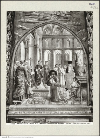 Vorderseite von Alinari [https://www.deutsche-digitale-bibliothek.de/content/lizenzen/rv-ez/] Szenen aus dem Leben des heiligen Franz von Assisi und HeiligeWeihnachtsfeier in Greccio, Traum Innocenz' III., Honorius III. bestätigt die Franziskanerregel, Geburt des Franziskus, Christus als Pilger vor dem Elternhaus, Huldigung des einfachen Mannes, Sockel mit historischen Figuren - Oberes Register: Weihnachtsfeier in Greccio, bh409789_recto. Foto: Anderson, Domenico.