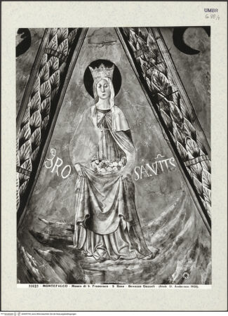 Vorderseite von Alinari [https://www.deutsche-digitale-bibliothek.de/content/lizenzen/rv-ez/] Szenen aus dem Leben des heiligen Franz von Assisi und HeiligeGlorie des Franziskus, Ludwig von Toulouse, Rosa von Viterbo, Bernhard von Siena, Katharina von Siena, Antonius von Padua - Detail: heilige Rosa von Viterbo, bh409794_recto. Foto: Anderson, Domenico.