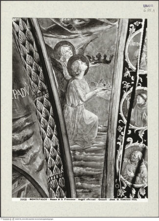 Vorderseite von Alinari [https://www.deutsche-digitale-bibliothek.de/content/lizenzen/rv-ez/] Szenen aus dem Leben des heiligen Franz von Assisi und HeiligeGlorie des Franziskus, Ludwig von Toulouse, Rosa von Viterbo, Bernhard von Siena, Katharina von Siena, Antonius von Padua - Glorie des Franziskus, Detail: Engel, bh409796_recto. Foto: Anderson, Domenico.