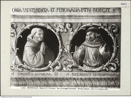 Vorderseite von Alinari [https://www.deutsche-digitale-bibliothek.de/content/lizenzen/rv-ez/] Szenen aus dem Leben des heiligen Franz von Assisi und HeiligeBerühmte Franziskaner und Förderer des Franziskanerordens (Medaillons) - Detail: Giovanni Butalli da Parma und Riccardo da Middleton, bh409801_recto. Foto: Anderson, Domenico.