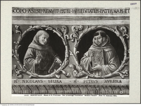 Vorderseite von Alinari [https://www.deutsche-digitale-bibliothek.de/content/lizenzen/rv-ez/] Szenen aus dem Leben des heiligen Franz von Assisi und HeiligeBerühmte Franziskaner und Förderer des Franziskanerordens (Medaillons) - Detail: Nicolò di Lyra und Pierre Auriol, bh409802_recto. Foto: Anderson, Domenico.