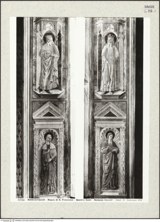 Vorderseite von Alinari [https://www.deutsche-digitale-bibliothek.de/content/lizenzen/rv-ez/] Szenen aus dem Leben des heiligen Franz von Assisi und Heilige - Apsisscheitelfenster: vier Heilige (links: Eleasarius und Klara von Montefalco; rechts: Ludwig und Agnes), bh409803_recto. Foto.