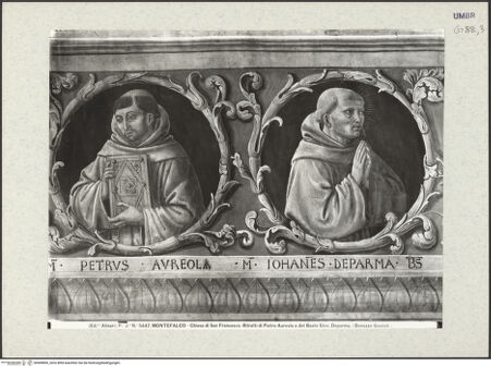 Vorderseite von Alinari [https://www.deutsche-digitale-bibliothek.de/content/lizenzen/rv-ez/] Szenen aus dem Leben des heiligen Franz von Assisi und HeiligeBerühmte Franziskaner und Förderer des Franziskanerordens (Medaillons) - Detail: Pierre Auriol und Giovanni Buralli da Parma, bh409895_recto. Foto.