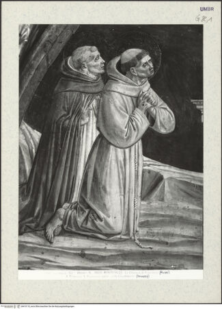 Vorderseite von Alinari [https://www.deutsche-digitale-bibliothek.de/content/lizenzen/rv-ez/] Kapellenausmalung: Geschichte des heiligen Hieronymus und HeiligeDer Gekreuzigte zwischen Engeln und den heiligen Dominikus, Franz von Assisi, Romuald und Sylvester - Detail: die heiligen Dominikus und Franz von Assisi, bh410110_recto. Foto.