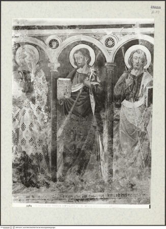 Vorderseite von Alinari [https://www.deutsche-digitale-bibliothek.de/content/lizenzen/rv-ez/] AusmalungSchmerzensmann, Madonna, zwei Jakobusdarstellungen, heiliger Bischof und Johannes der Täufer - Detail: Madonna und zwei Jakobusdarstellungen, bh410247_recto. Foto.