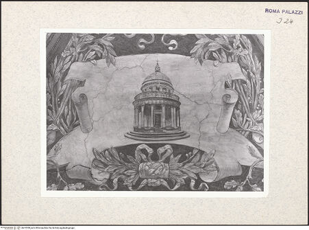 Vorderseite von Bibliotheca Hertziana [https://www.deutsche-digitale-bibliothek.de/content/lizenzen/rv-fz/] Allegorischer Tageszeitenzyklus und KünstlerporträtsStichkappe mit dem Porträt Bramantes und der Vignette seines Tempiettos in Rom - Westseite: Tempietto Bramantes, bh412038_recto. Foto.