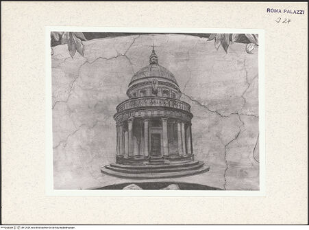 Vorderseite von Bibliotheca Hertziana [https://www.deutsche-digitale-bibliothek.de/content/lizenzen/rv-fz/] Allegorischer Tageszeitenzyklus und KünstlerporträtsStichkappe mit dem Porträt Bramantes und der Vignette seines Tempiettos in Rom - Westseite: Tempietto Bramantes, bh412039_recto. Foto.