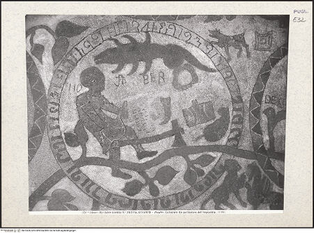 Vorderseite von Alinari [https://www.deutsche-digitale-bibliothek.de/content/lizenzen/rv-ez/] Fußbodenmosaik des Mittelschiffes (Lebensbaum, Alexander der Große, der Turm von Babel, Geschichte des Noah, Monatsarbeiten, der Sündenfall, Abel und Kain, König Artus) - Osteil, Detail: November (vor der Restaurierung 1986-1991), bh413430_recto. Foto.