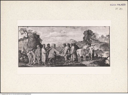 Vorderseite von unbekannt [https://www.deutsche-digitale-bibliothek.de/content/lizenzen/rv-fz/] Szenen aus der römischen Geschichte und MythologieTreffen von Janus und Saturn auf dem Janiculum (Gianicolo) - , bh413787_recto. Foto.