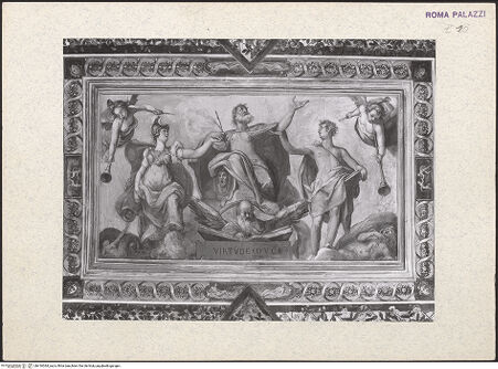 Vorderseite von unbekannt [https://www.deutsche-digitale-bibliothek.de/content/lizenzen/rv-fz/] Apotheose des Federico Zuccari, Allegorien und Porträts der Familie ZuccariGewölbespiegel: Apotheose des Künstlers mit Apoll, Minerva, Tempus, Invidia und Fama. - , bh416044_recto. Foto: Vasari, Giorgio.