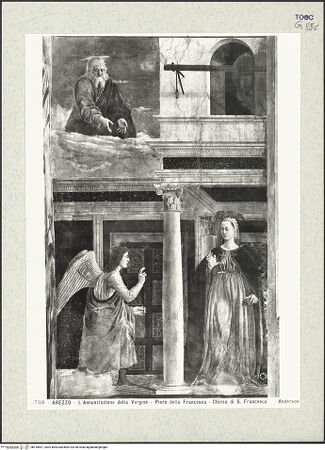 Vorderseite von Alinari [https://www.deutsche-digitale-bibliothek.de/content/lizenzen/rv-ez/] Die Kreuzlegende, Propheten und HeiligenStirnwandVerkündigung - Gesamtansicht, bh416897_recto. Foto.